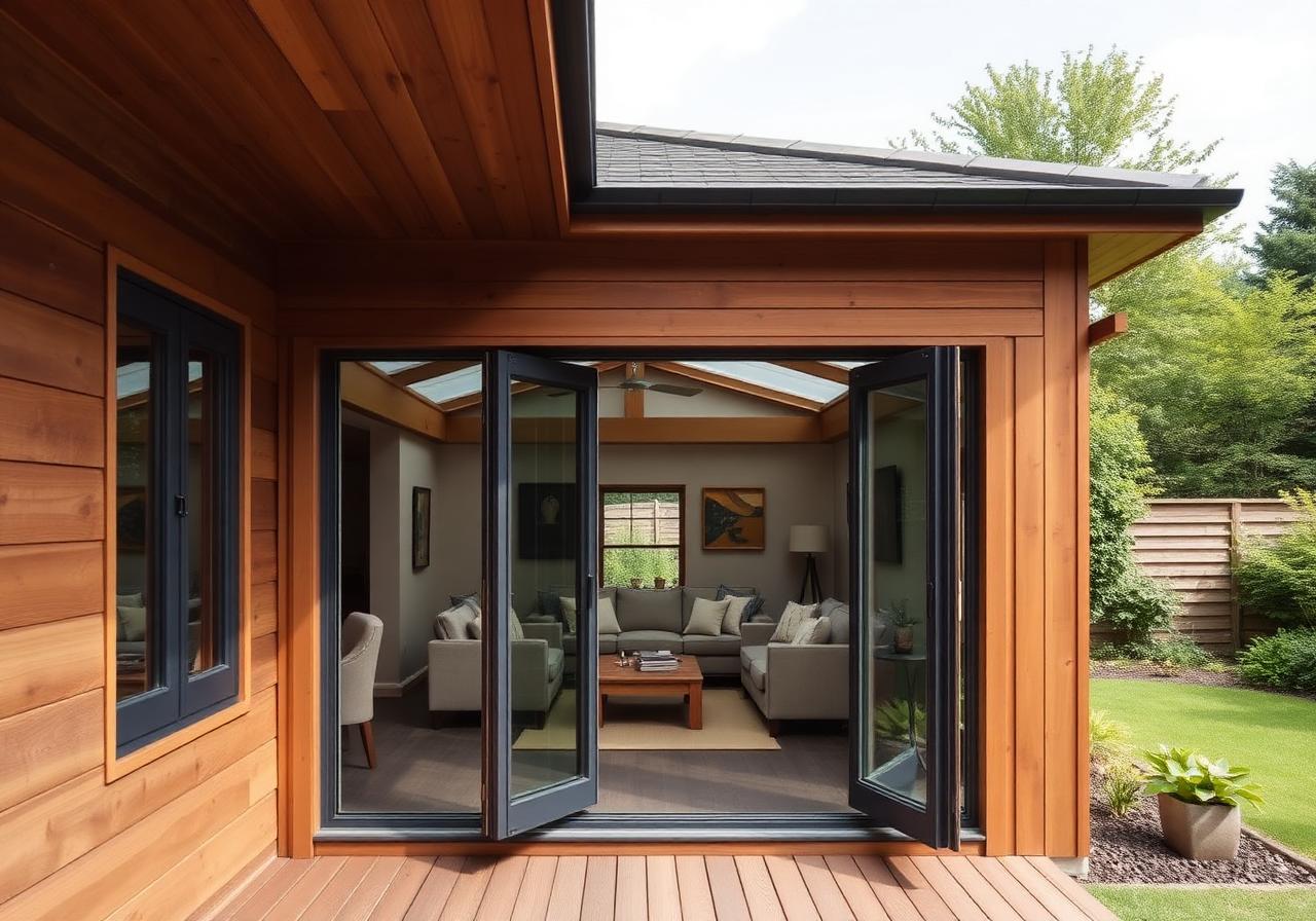 Modern wooden garden room with bifold doors